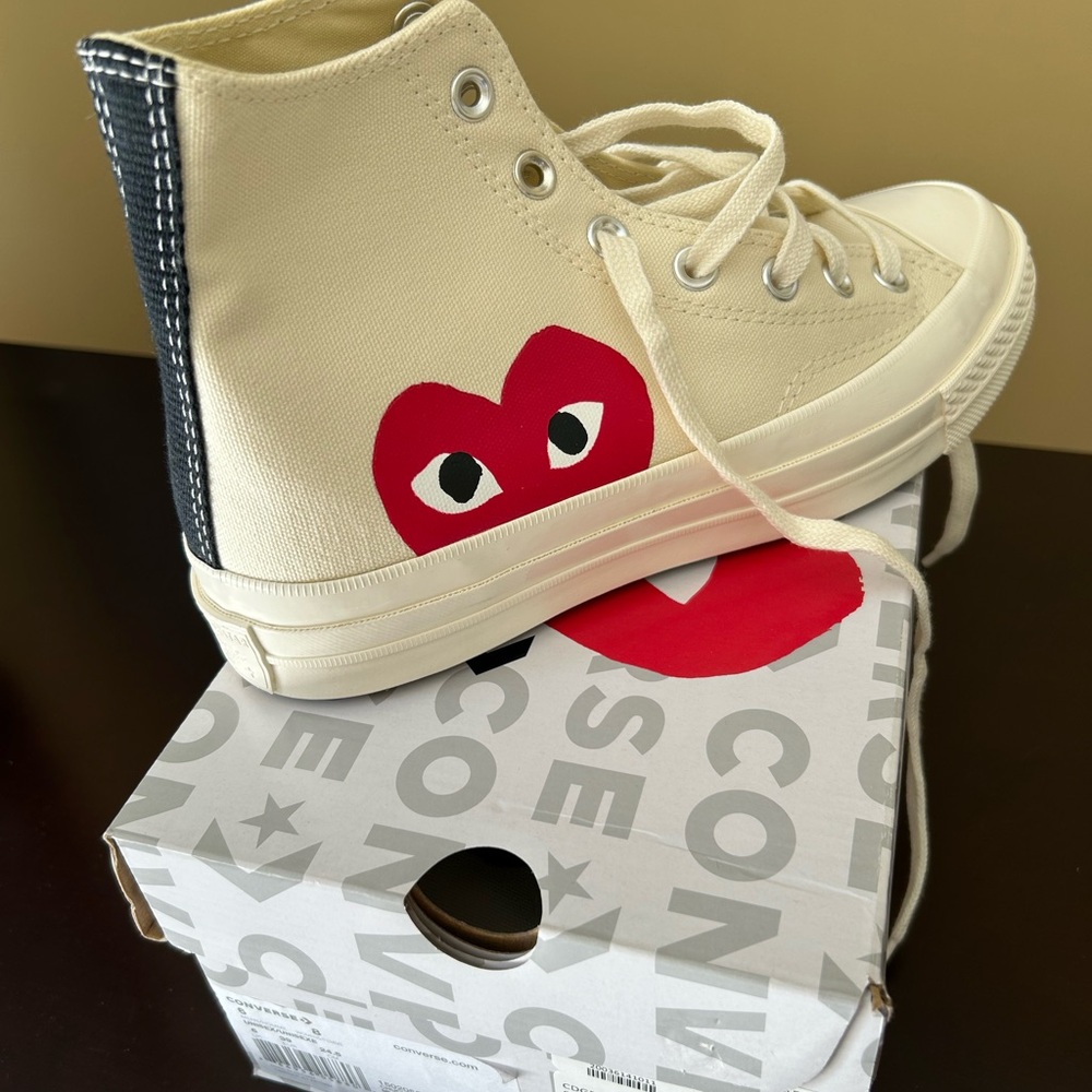 ⭐️HOST PICK ⭐️ Comme des Garcons PLAY High-Top Sneakers - Cream and Red